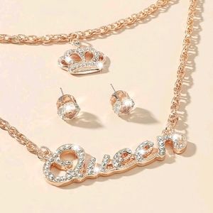 Rose Gold Rhinestone Queen Layered Necklace
